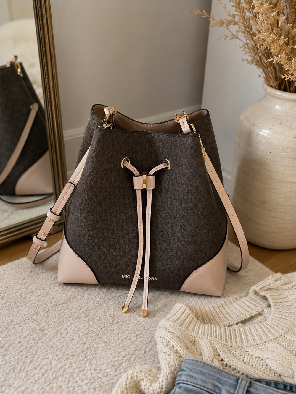 Michael Kors Mercer Gallery Medium Bucket Bag Blush/Brown/Gold